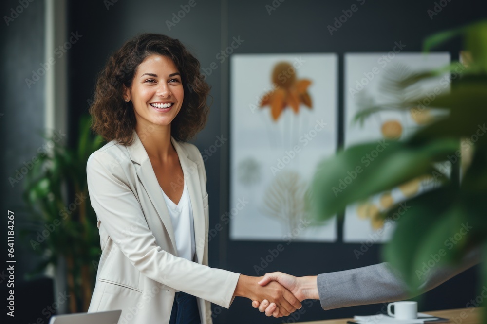 Happy mid aged business woman manager handshaking at office meeting. Smiling female HR hiring recrui