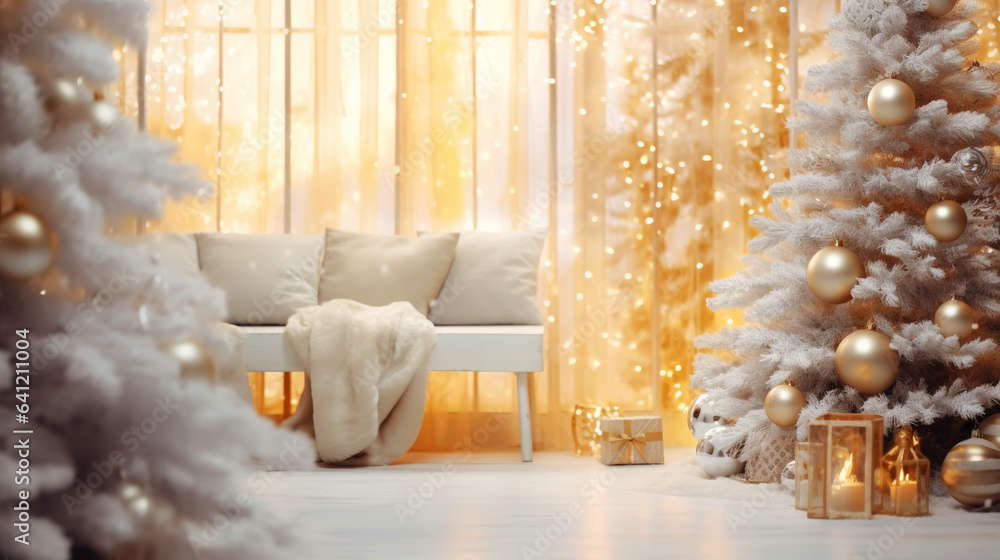 Modern shiny creative Christmas backdrop. Golden festive New Year background. Generative AI