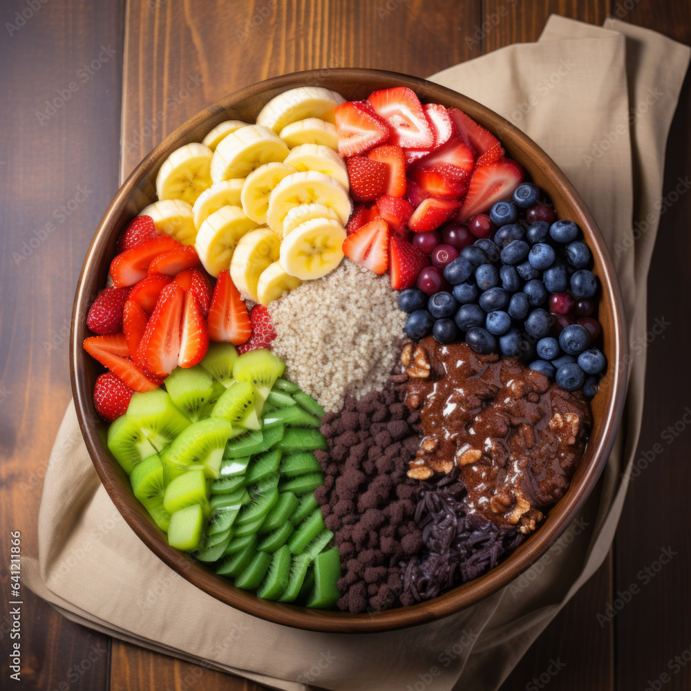 Acai bowl on wooden table close up