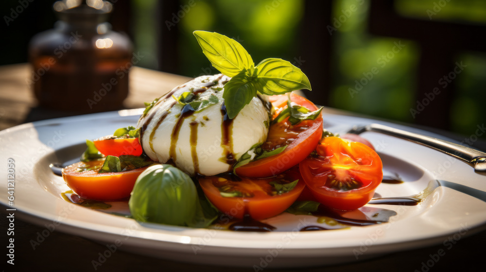 Traditional Italian dish Caprese salad on white plate on wooden table, sea view