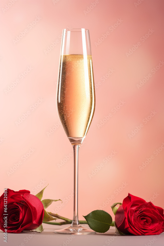 Champagne glasses and red roses, Valentines day concept