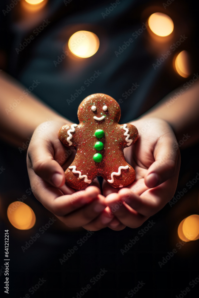 Childs hands holding tasty gingerbread cookies, close up view