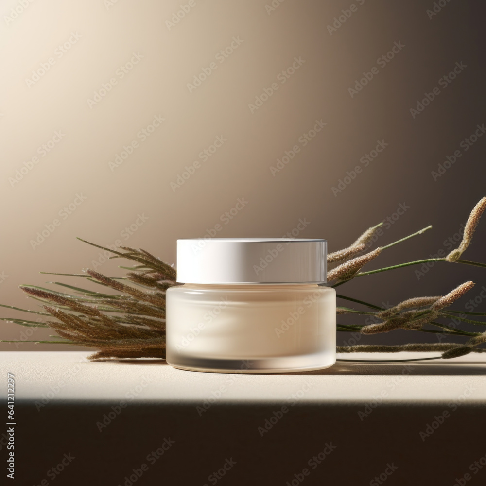 Jar of cream with plant branches on beige background