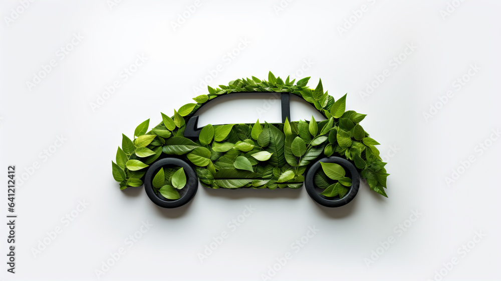 Little green eco car made of mos and leaves on white background