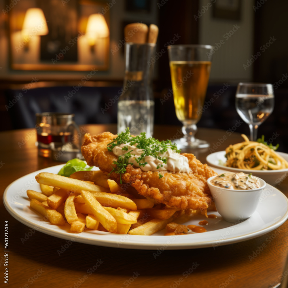 British Traditional Fish and chips with mashed peas, tartar sauce on wooden table