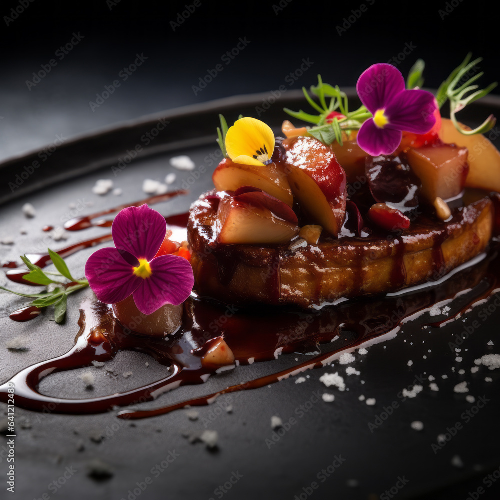 Foie gras, a pate decorated with edible flowers and micro greenery.