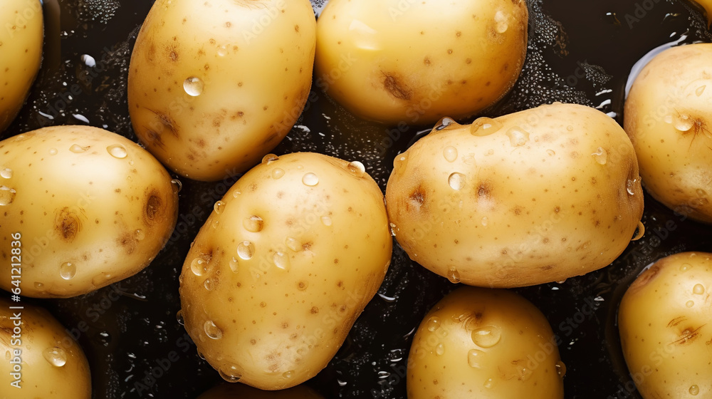 Fresh potatoes with water drops background. Vegetables backdrop. Generative AI