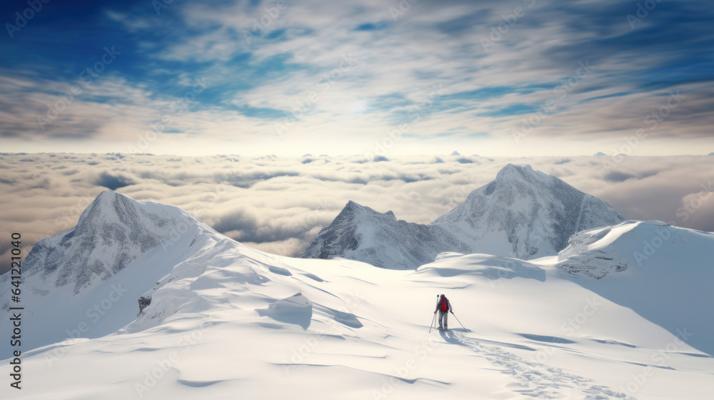 Mountain landscape with snow-covered peaks. Tourists walking along the valley.