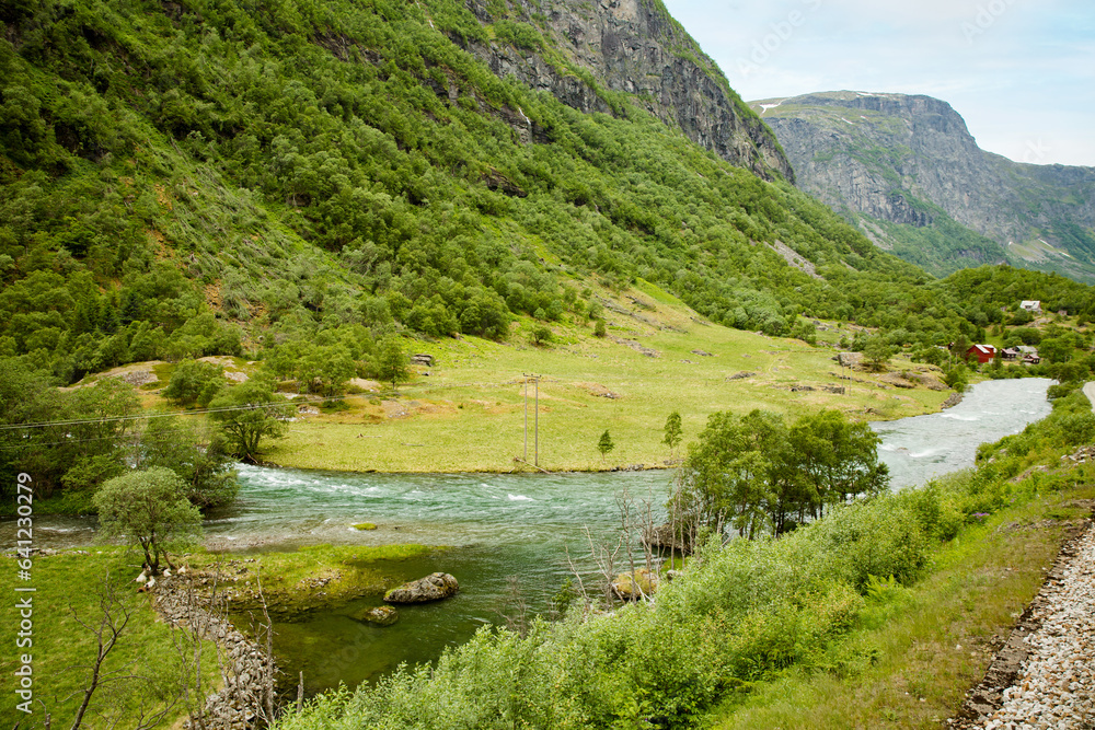 The beauty of Norwegian nature. West Norway natural landscape along the route of the Flam railway