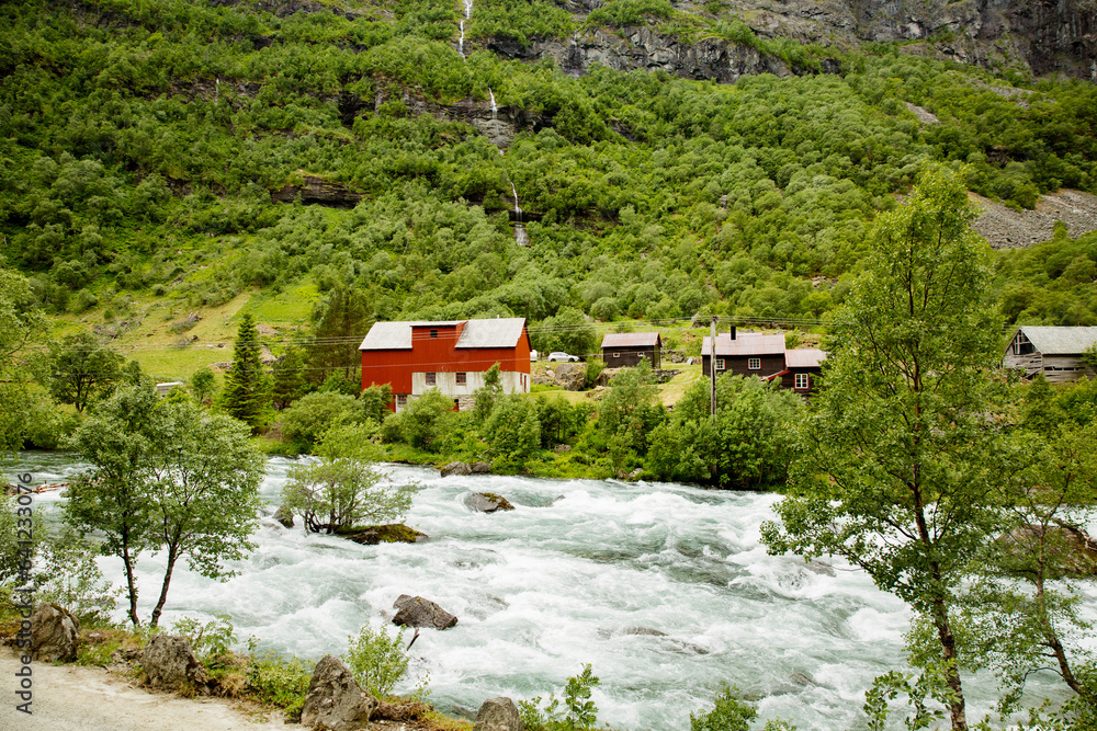 The beauty of Norwegian nature. West Norway natural landscape along the route of the Flam railway