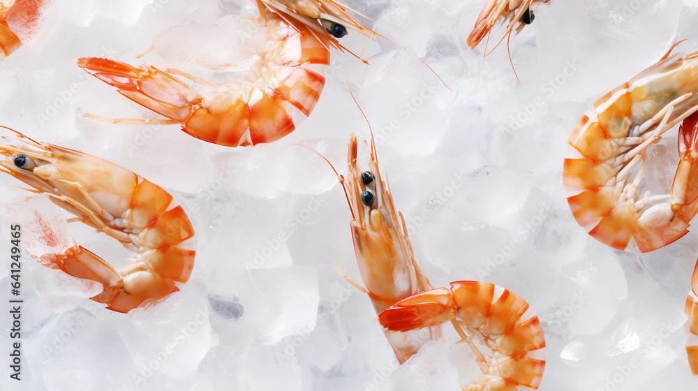 Top view of raw whole shrimps on ice. Seafood background. Generative AI