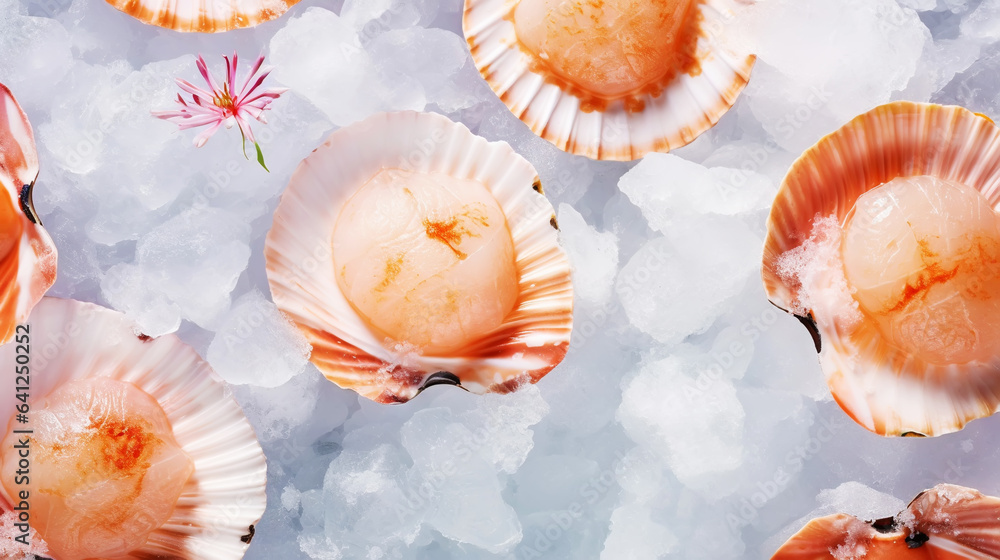 Raw fresh scallops on ice cubes. Seafood background. Generative AI