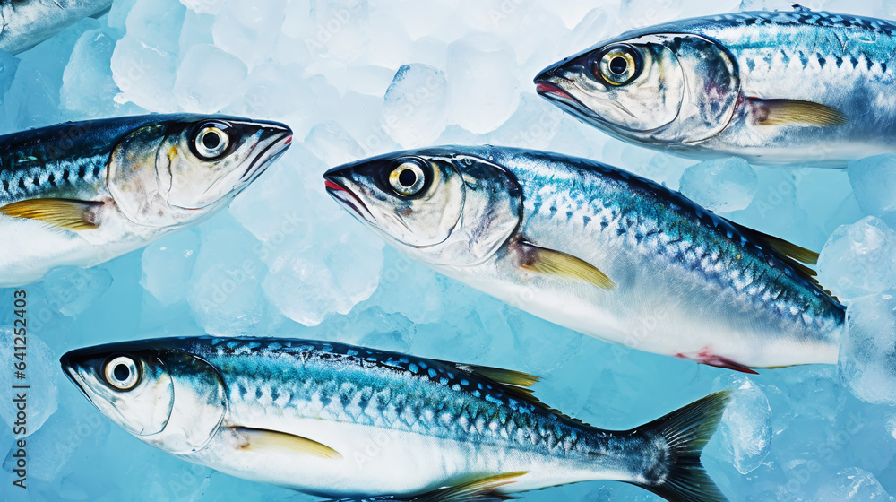 Fresh mackerel fish (Scomber scrombrus) on ice. Seafood background. Generative AI