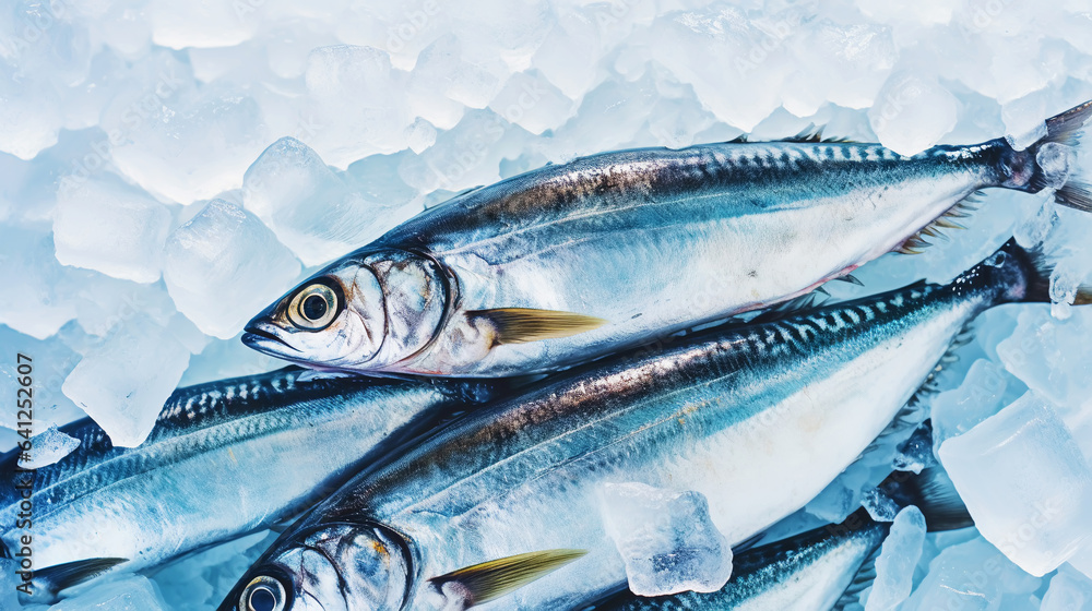  Fresh sardines on ice. Seafood background. Generative AI