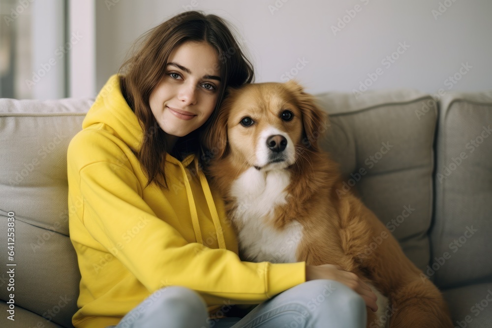 a brunette girl wearing a yellow sweater, sitting on the couch, hugs a dog