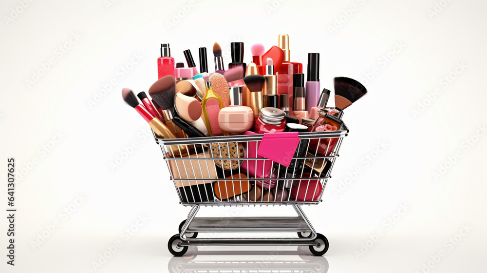 Cosmetics in shopping basket isolated on white. Background