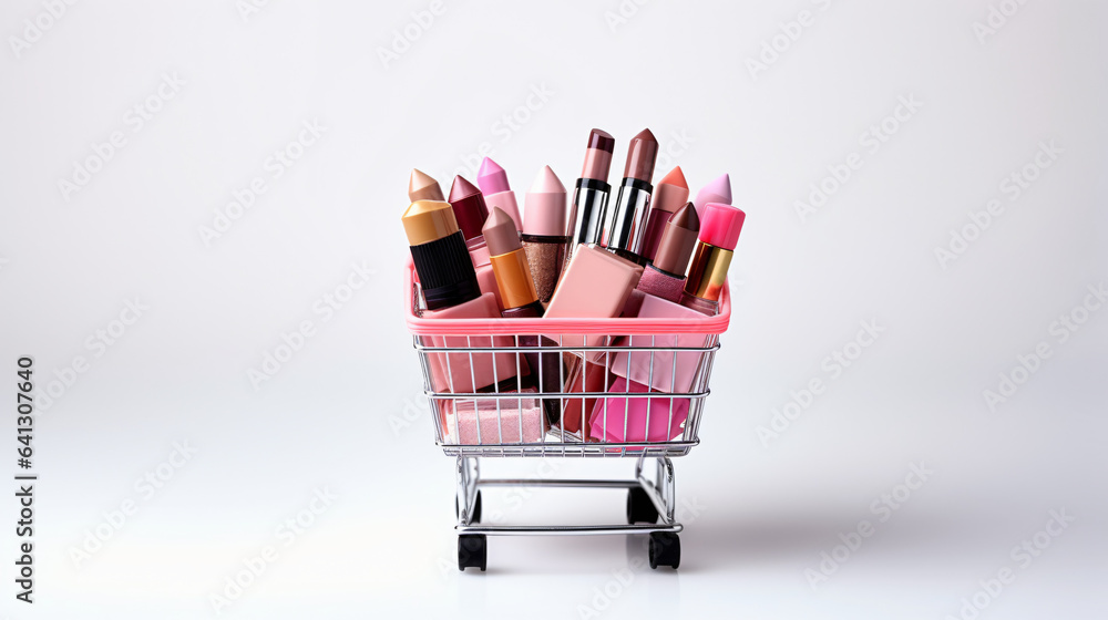 Cosmetics in shopping basket isolated on white. Background