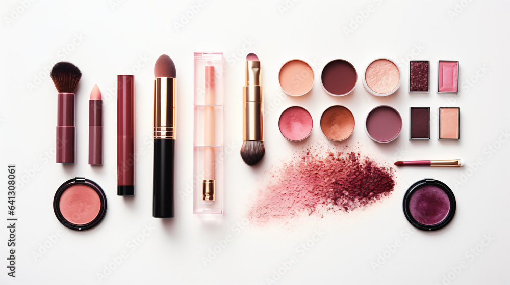 Different luxury makeup products on white background