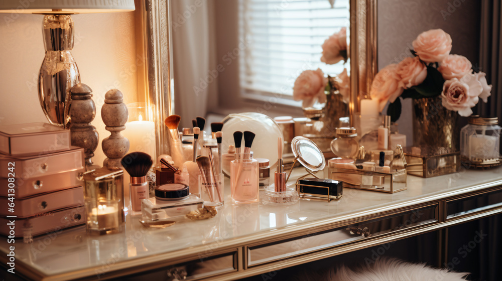 Different makeup products and accessories on dressing table