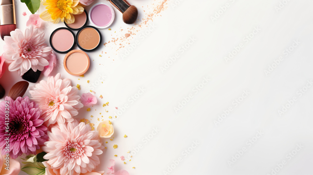 Different makeup products and flowers on white background