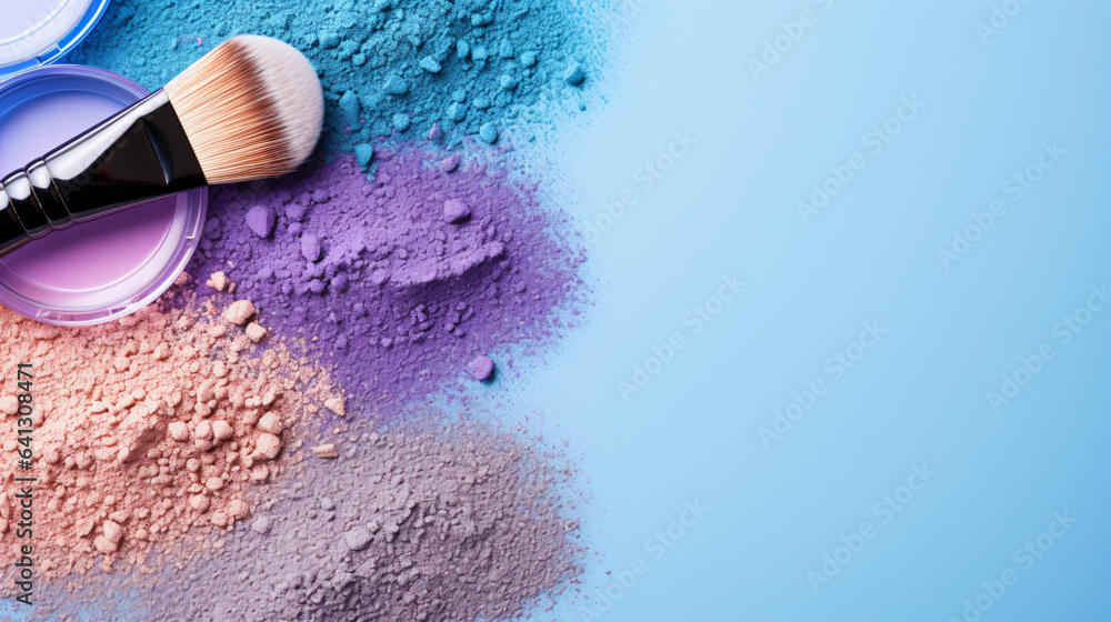 Eyeshadows and applicator brush on blue background