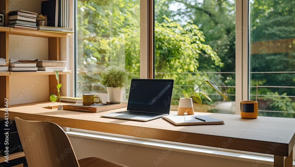 Modern workplace with laptop on wooden table near window. Workplace concept