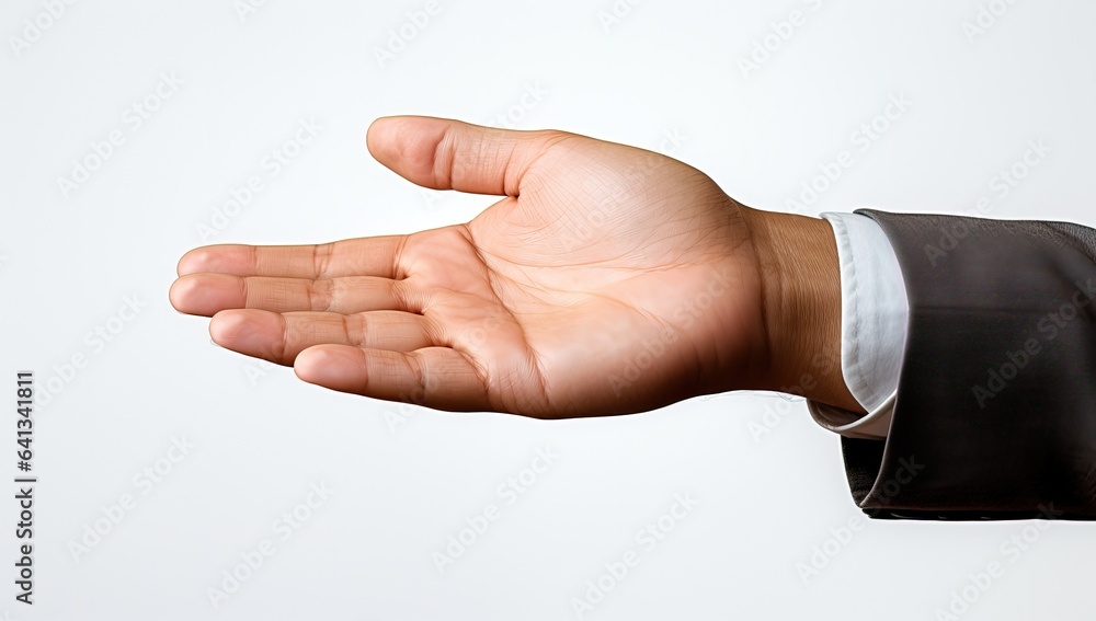 Close-up image of human hand gesturing against white background.