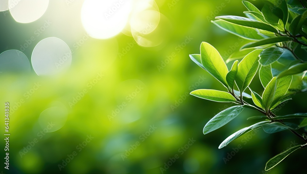 Close up nature view of green leaf on blurred greenery background under sunlight with bokeh