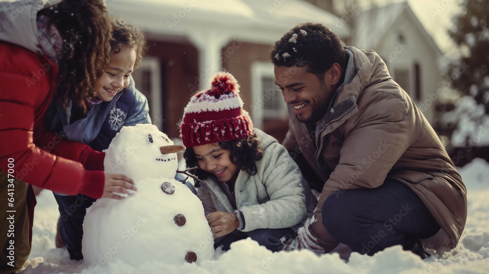 family playing with snowman. Generative AI