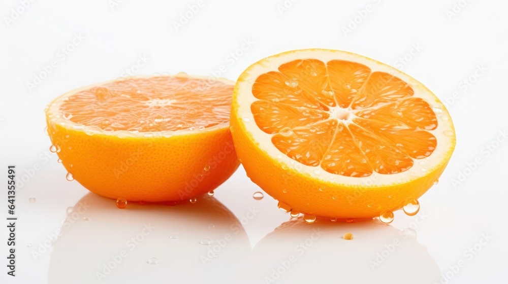 Fresh orange cut in half on wet glossy white surface, close-up, selective focus.