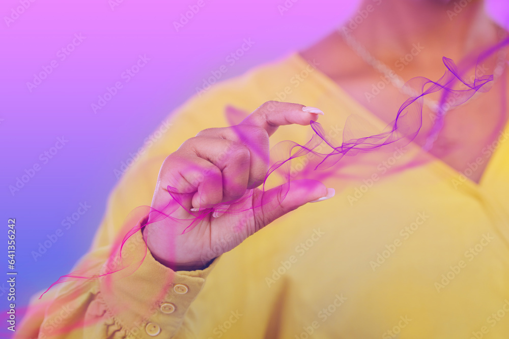 Hand, vaporwave and 3D with a user closeup on a purple background in studio to access the metaverse.