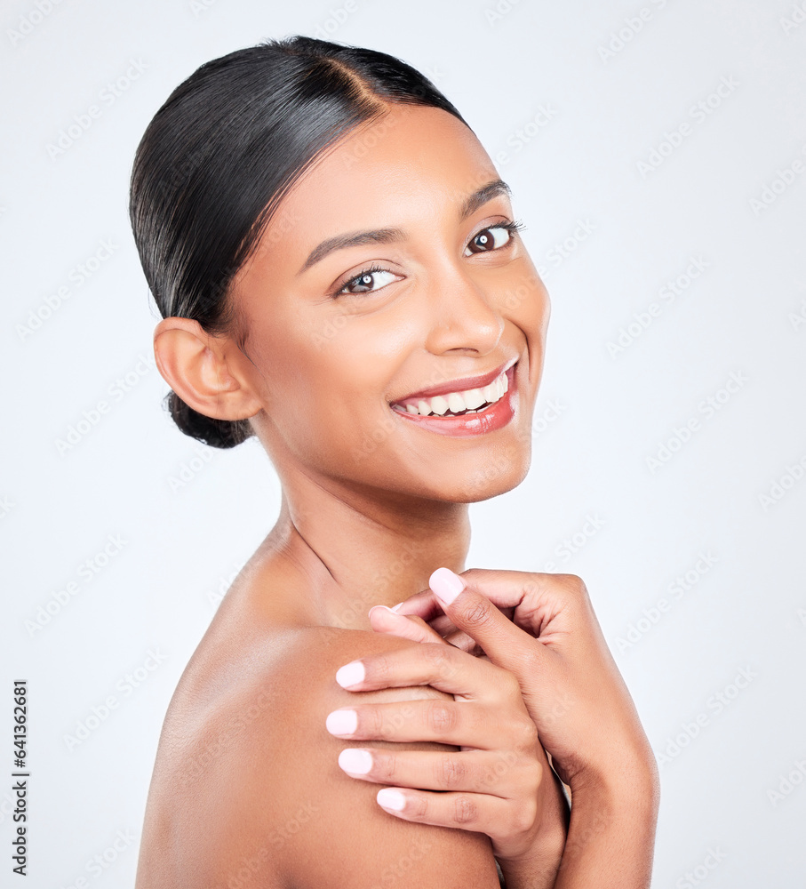 Portrait, happy woman and natural beauty in studio with healthy dermatology, aesthetic glow and shin