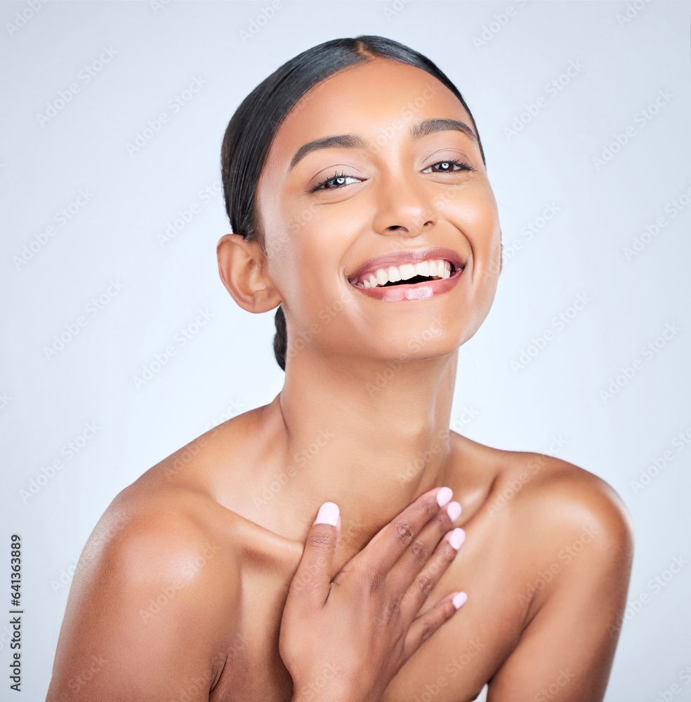 Woman, natural beauty and face with dermatology and skincare isolated on white background. Portrait,