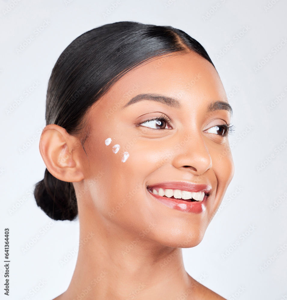 Cream, skincare and woman with cosmetics, beauty or self care on a white studio background. Person, 