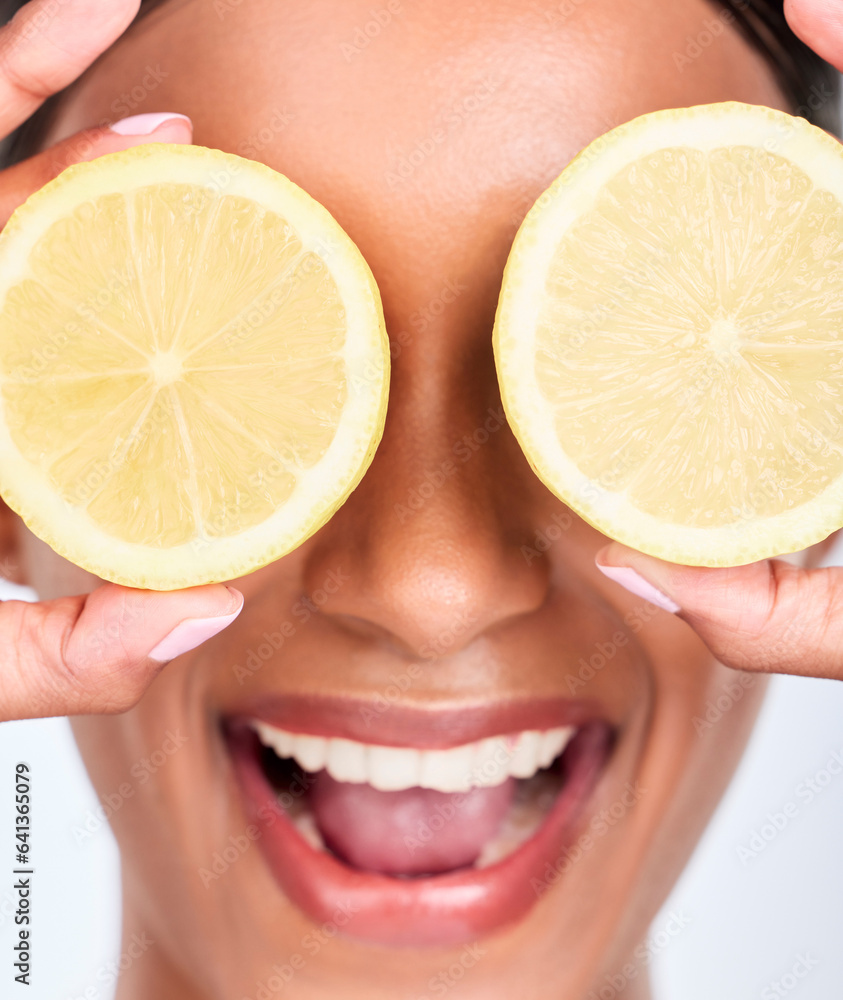 Skincare, lemon and woman with cosmetics, wellness and dermatology on a white studio background. Per