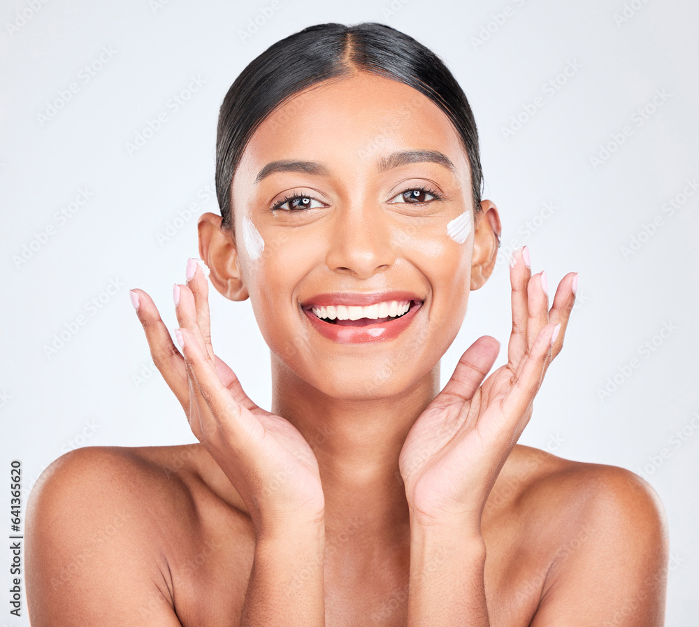 Portrait, cream or woman with skincare, dermatology or moisturiser on a white studio background. Fac