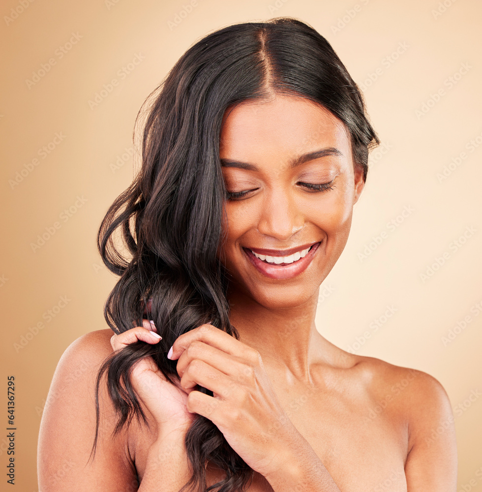 Hair care touch, happy woman and curly beauty in studio isolated on brown background. Hairstyle, nat