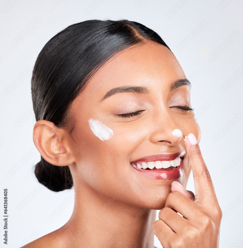 Happy, cream and woman with skincare, wellness and dermatology on a white studio background. Person,