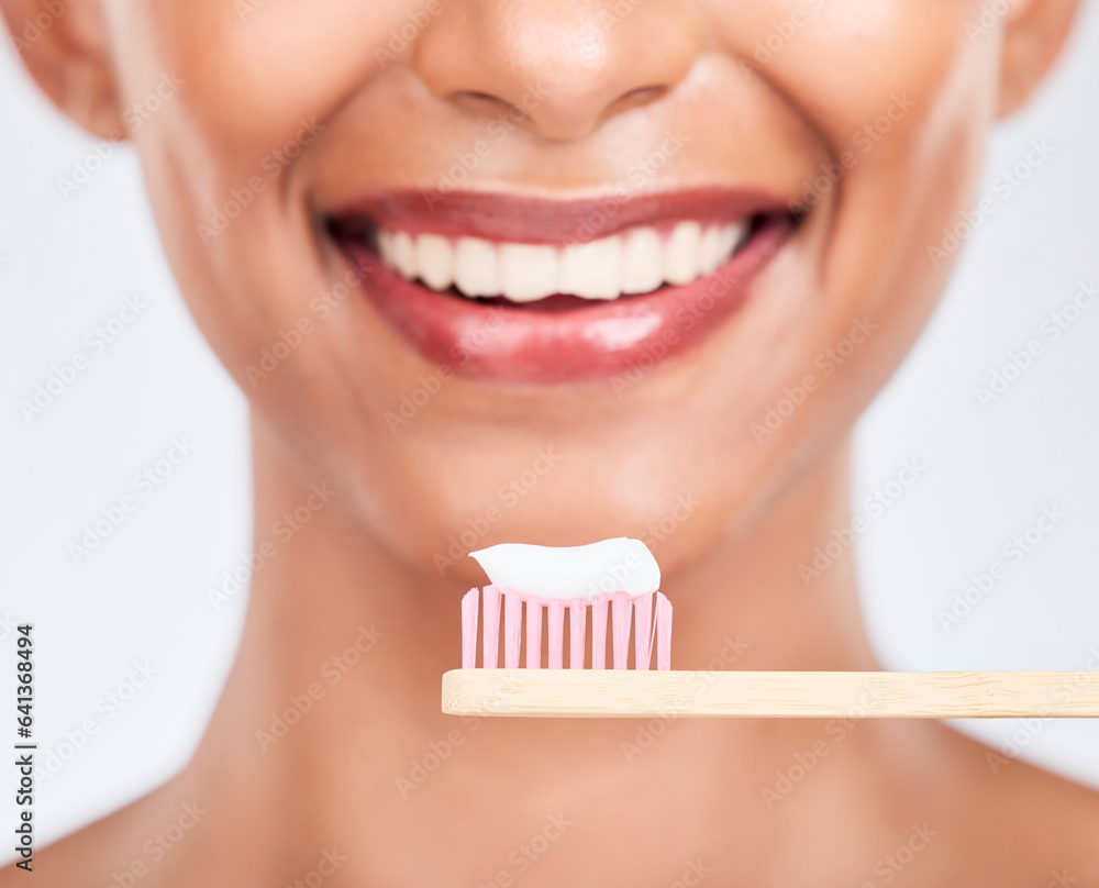 Toothbrush, toothpaste and dental with woman and closeup, health and fresh breath isolated on white 