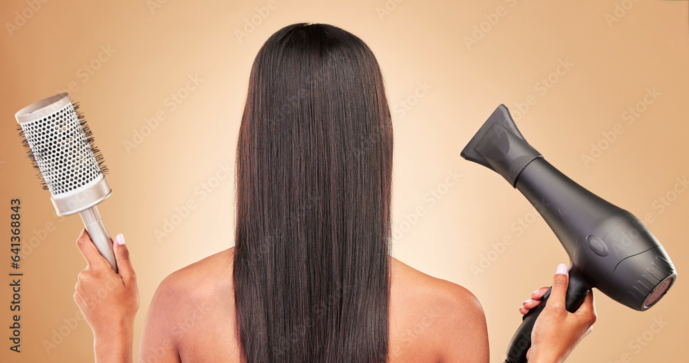 Hairdryer, brush and back of woman in studio with cosmetic salon treatment hairstyle for wellness. H