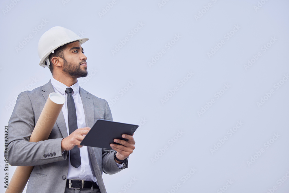 Man, architect and thinking with tablet on mockup in construction planning on a studio background. P