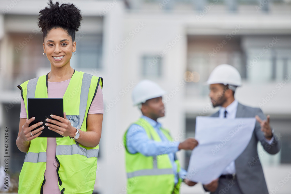 Happy woman, architect and tablet in city for team planning, construction or design on rooftop at si