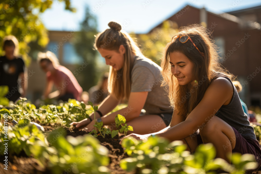 Teen girls at a community garden, planting and gardening together