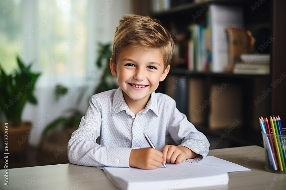 young boy studying using a pen and paper