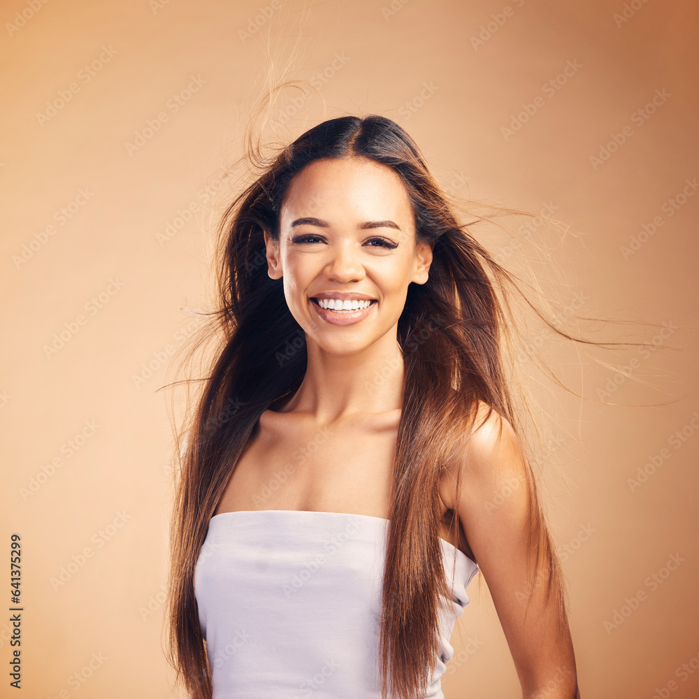 Hair, wind and beauty with happy woman in portrait, keratin treatment and cosmetics isolated on stud