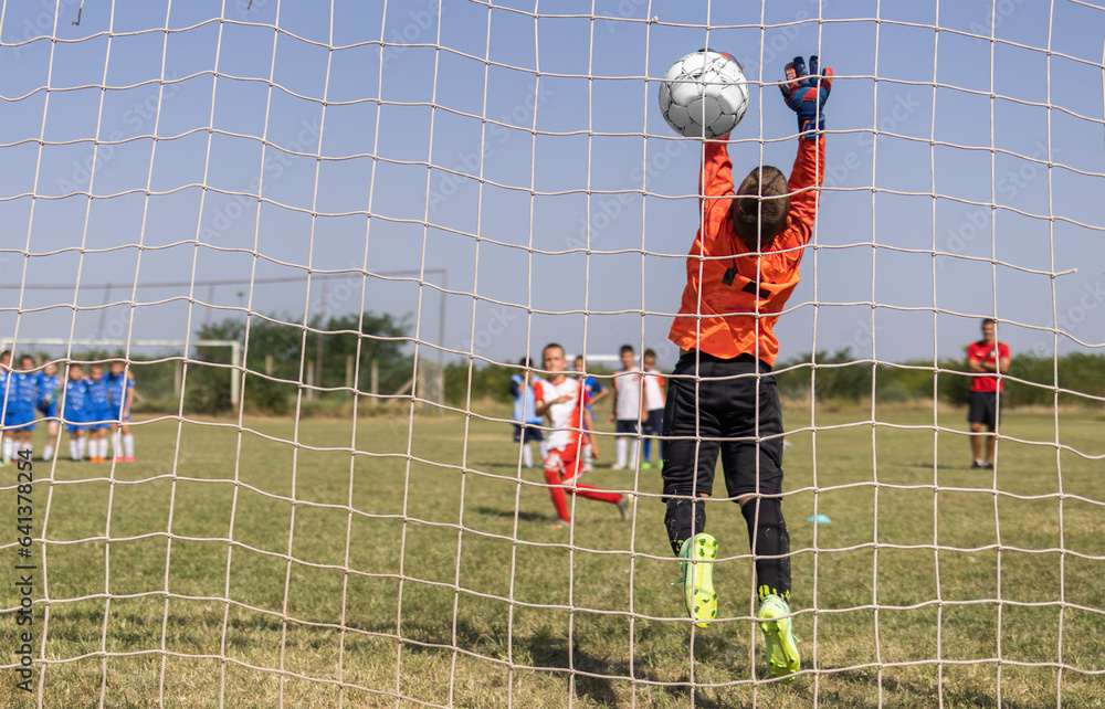 Soccer goal with a young boy goalkeeper.