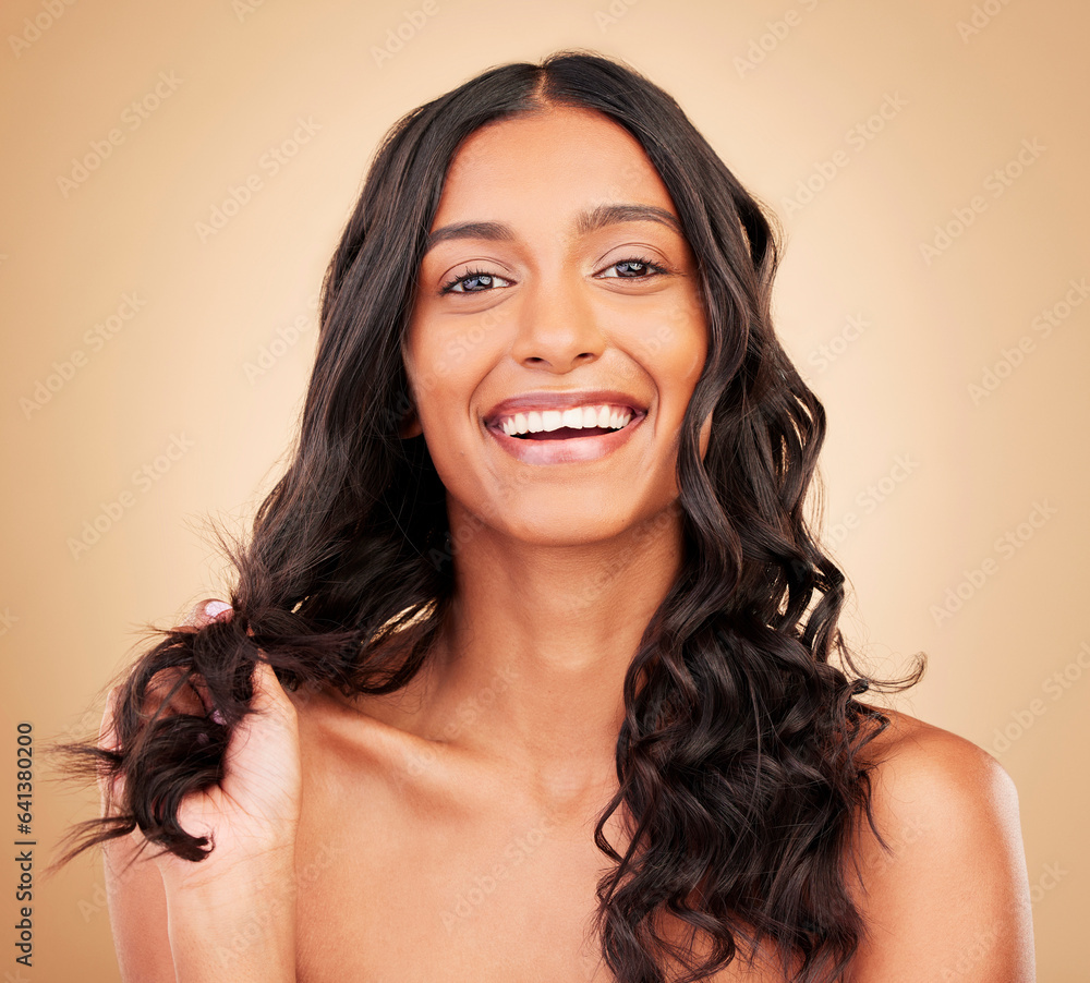 Hair care, smile and portrait of woman in studio with salon keratin treatment for curls. Makeup, cos