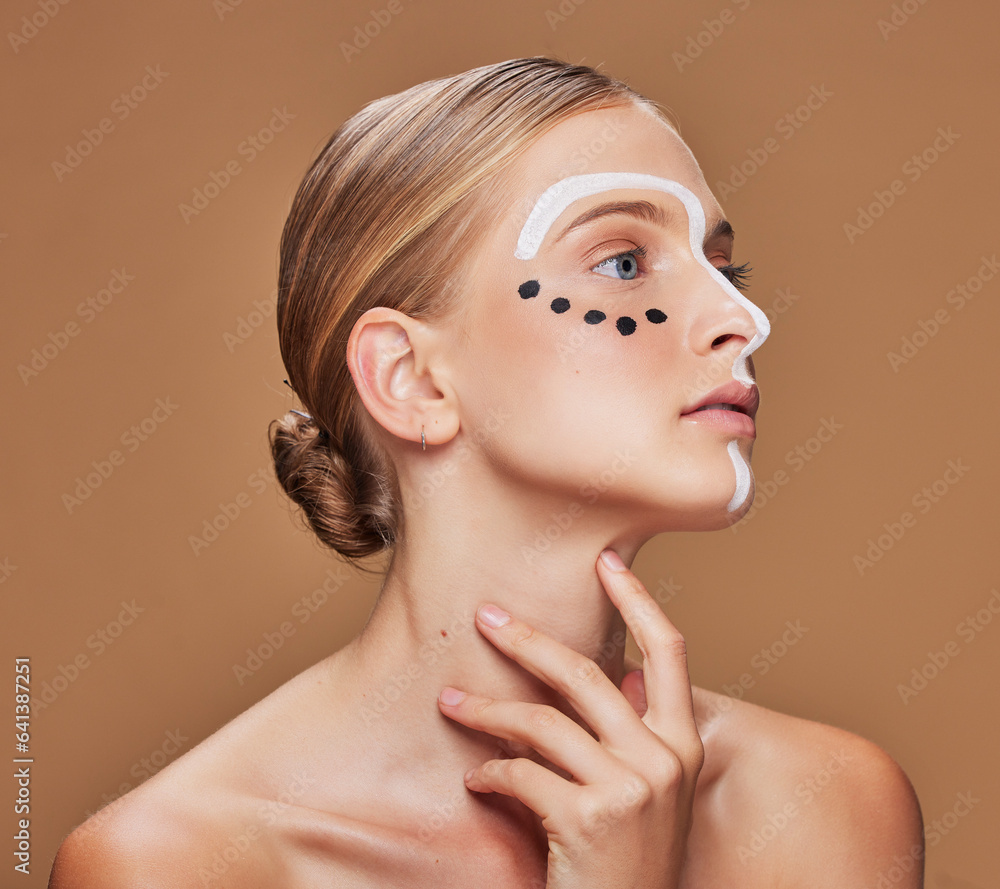 Creativity, makeup and young woman in studio with art, beauty and abstract face aesthetic. Cosmetic,