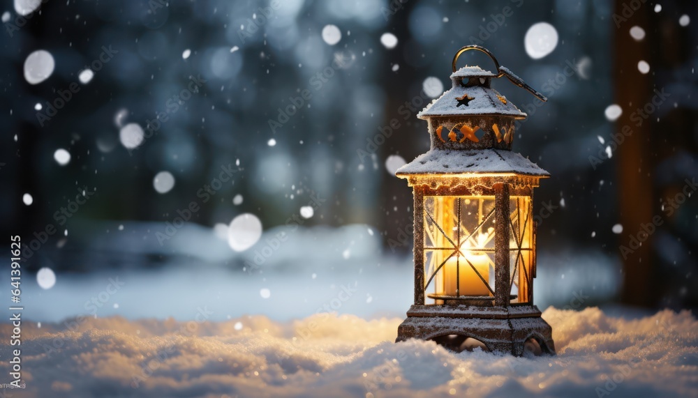 Photo of a lantern in the snow with a glowing light