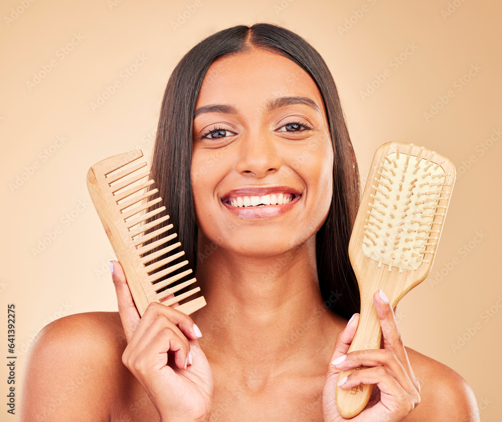 Brush, comb and portrait of woman in studio with clean salon treatment hairstyle for wellness. Healt